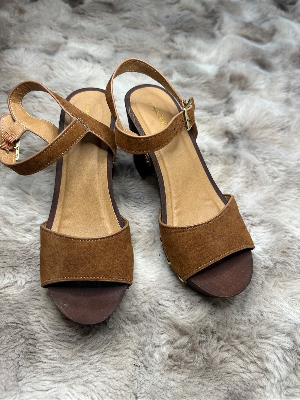 Qupid Brown Suede Ankle Strap Wedge Sandals